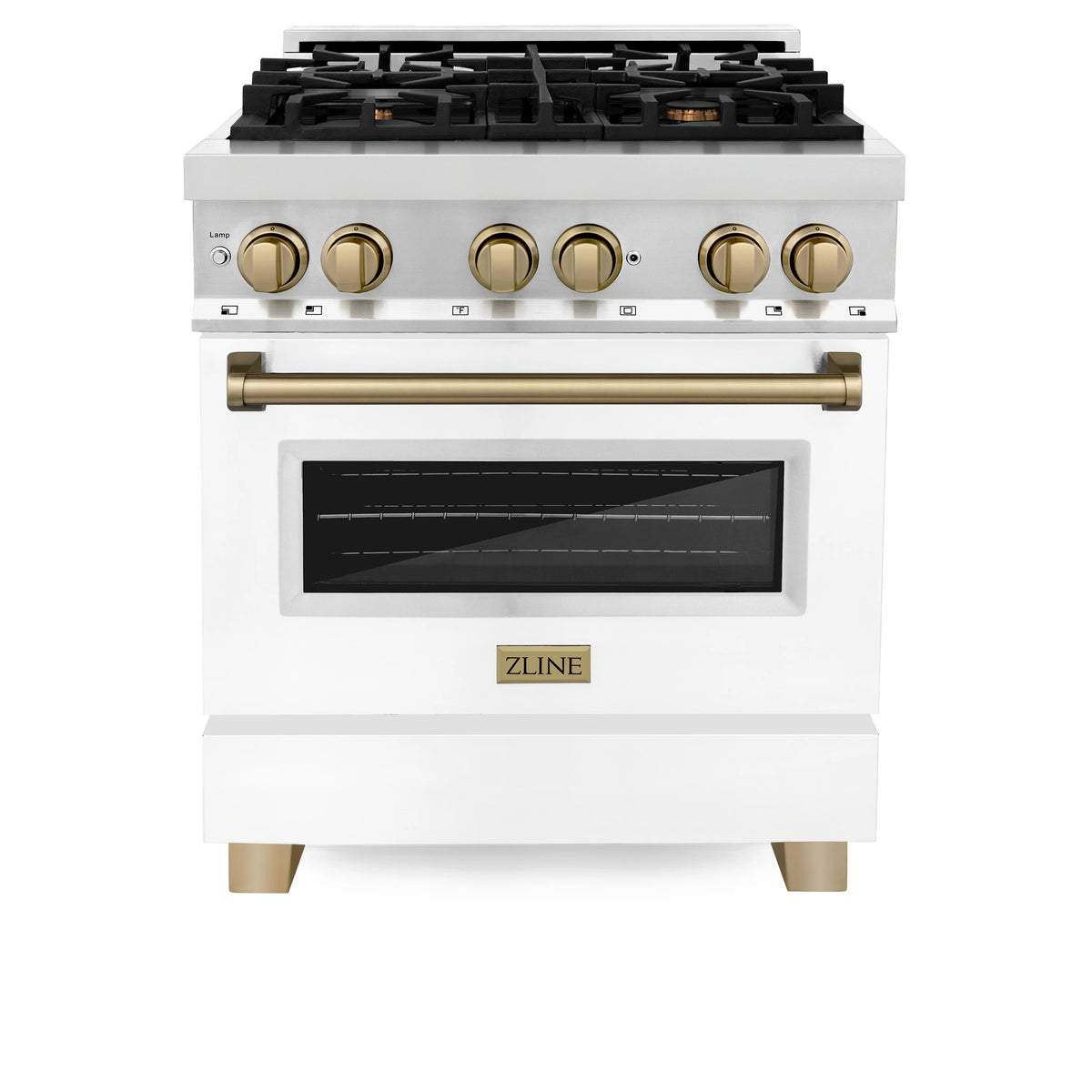 ZLINE - Autograph Edition 30 in. 4.0 cu. ft. Legacy Dual Fuel Range with 4 Burner Gas Cooktop and Electric Convection Oven in Stainless Steel with White Matte Door and Champagne Bronze Accents