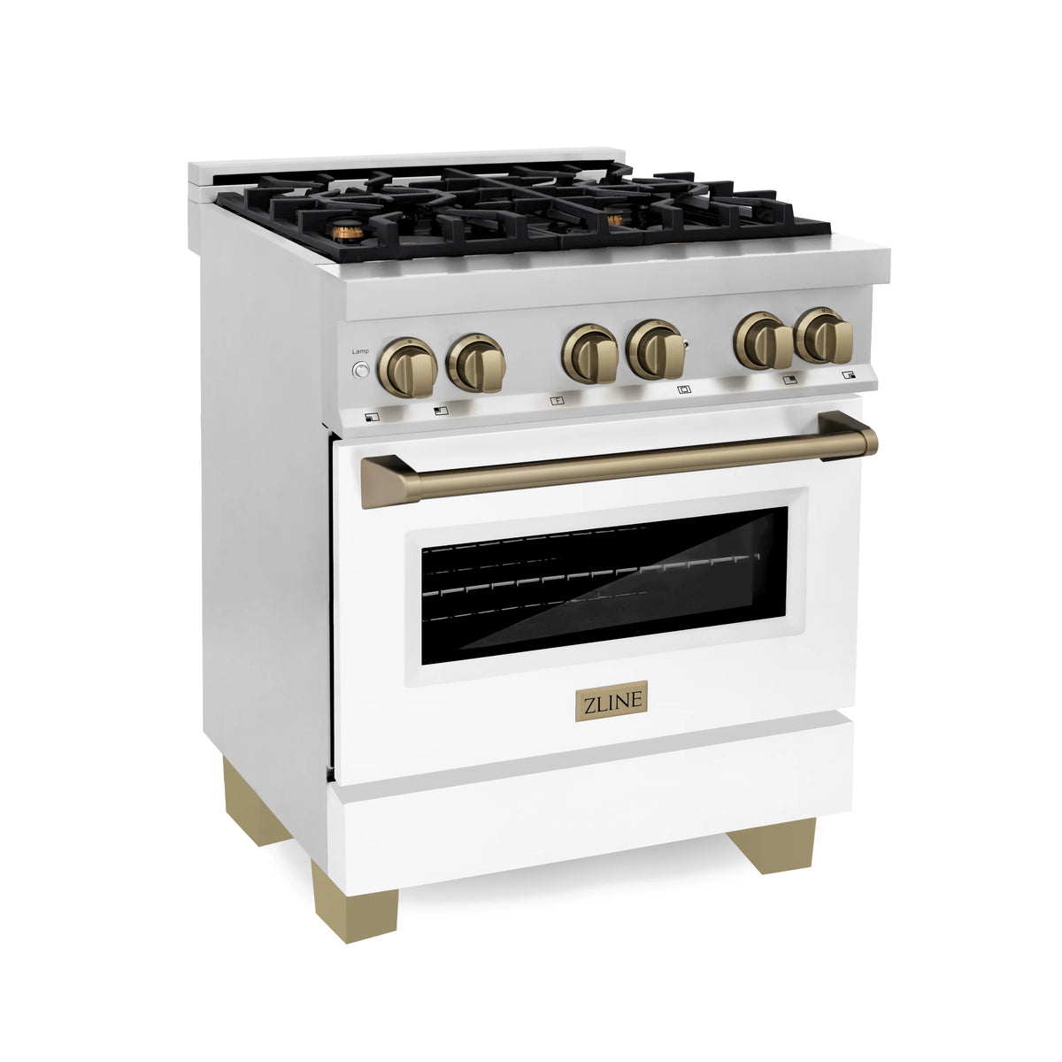 ZLINE - Autograph Edition 30 in. 4.0 cu. ft. Legacy Dual Fuel Range with 4 Burner Gas Cooktop and Electric Convection Oven in Stainless Steel with White Matte Door and Champagne Bronze Accents