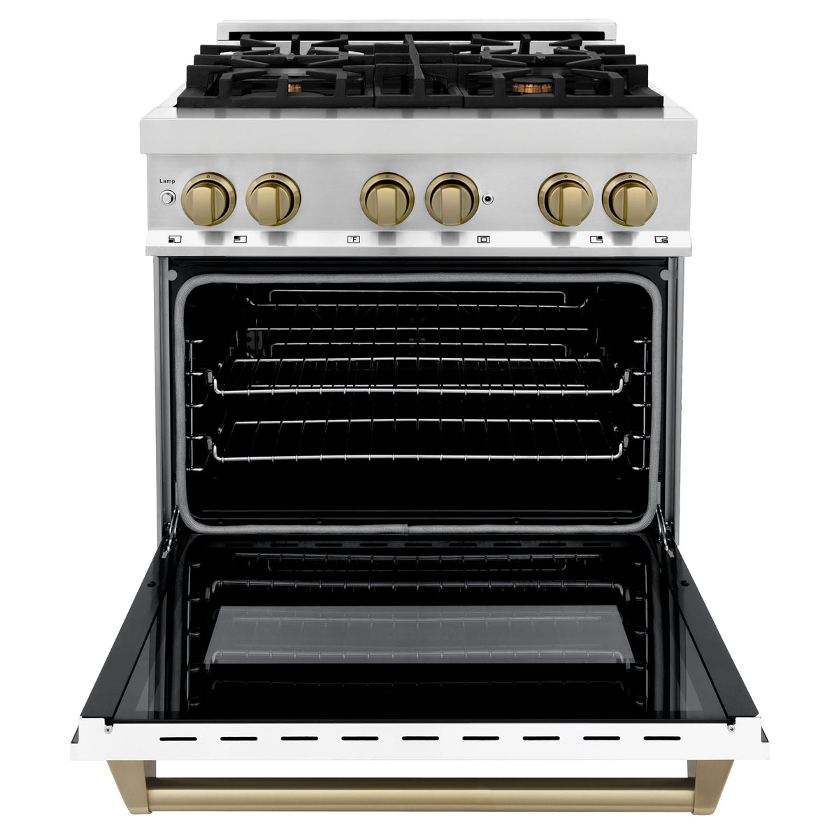 ZLINE - Autograph Edition 30 in. 4.0 cu. ft. Legacy Dual Fuel Range with 4 Burner Gas Cooktop and Electric Convection Oven in Stainless Steel with White Matte Door and Champagne Bronze Accents