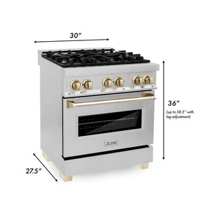 ZLINE 30" Autograph Edition Kitchen Package with Stainless Steel Dual Fuel Range, Range Hood, Dishwasher and Refrigeration with Gold Accents