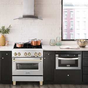 ZLINE 30" Autograph Edition Kitchen Package with Stainless Steel Dual Fuel Range, Range Hood, Dishwasher and Refrigeration with Gold Accents