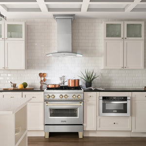 ZLINE 30" Autograph Edition Kitchen Package with Stainless Steel Dual Fuel Range, Range Hood, Dishwasher and Refrigeration with Gold Accents