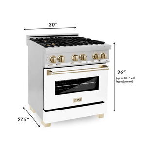 ZLINE - 30" Autograph Edition Kitchen Package with Stainless Steel Dual Fuel Range with White Matte Door and Range Hood with Gold Accents