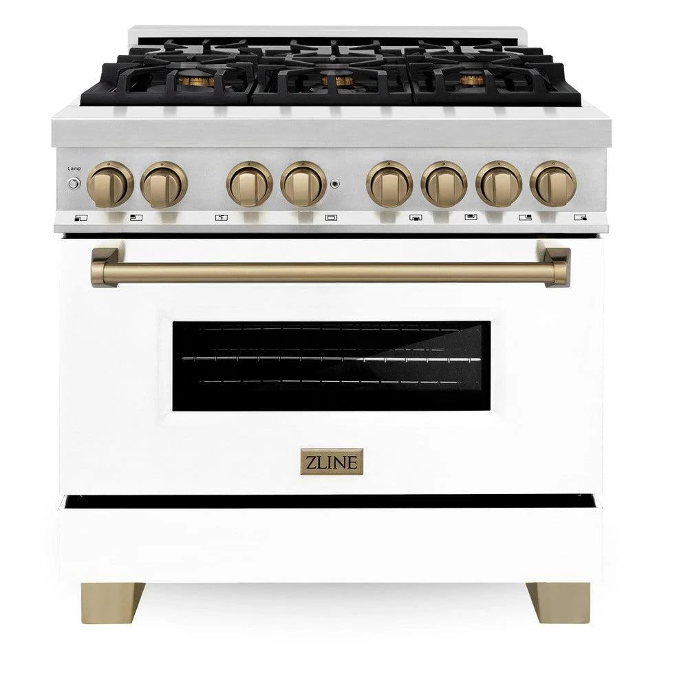ZLINE - Autograph Edition 36 in. 4.6 cu. ft. Legacy Dual Fuel Range with 6 Burner Gas Cooktop and Electric Convection Oven in Stainless Steel with White Matte Door and Champagne Bronze Accents