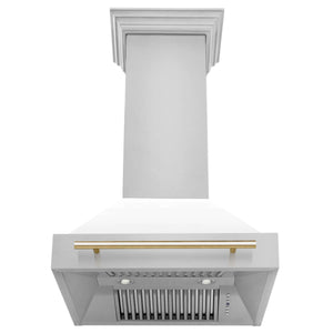 ZLINE - 30" Autograph Edition Kitchen Package with Stainless Steel Dual Fuel Range with White Matte Door and Range Hood with Gold Accents