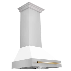 ZLINE - 30" Autograph Edition Kitchen Package with Stainless Steel Dual Fuel Range with White Matte Door and Range Hood with Gold Accents