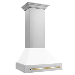 ZLINE - 30" Autograph Edition Kitchen Package with Stainless Steel Dual Fuel Range with White Matte Door and Range Hood with Gold Accents