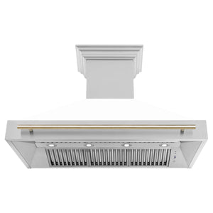 ZLINE - 48" Autograph Edition Kitchen Package with Stainless Steel Dual Fuel Range with White Matte Door and Range Hood with Gold Accents
