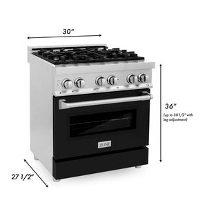 ZLINE - 30" Kitchen Package with Stainless Steel Dual Fuel Range with Black Matte Door and Convertible Vent Range Hood (2KP-RABLMRH30)
