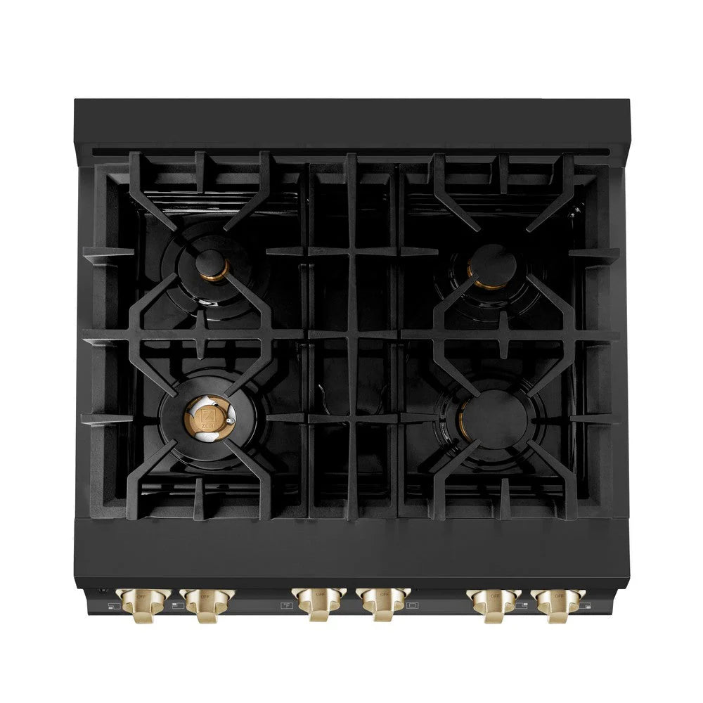 ZLINE - Autograph Edition 30 in. 4.0 cu. ft. Legacy Dual Fuel Range with 4 Burner Gas Cooktop and Electric Convection Oven in Black Stainless Steel and Polished Gold Accents