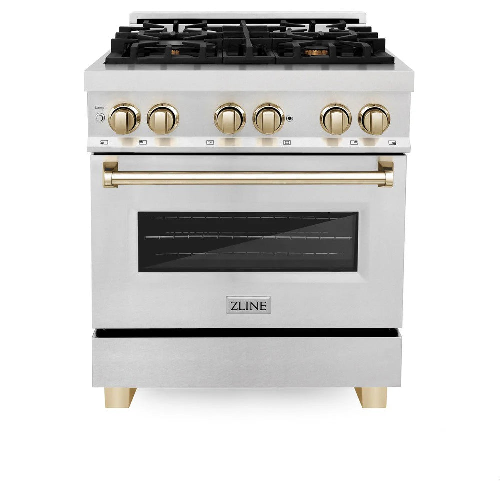 ZLINE - Autograph Edition 30 in. 4.0 cu. ft. Legacy Dual Fuel Range with 4 Burner Gas Cooktop and Electric Convection Oven in Satin Stainless Steel and Polished Gold Accents