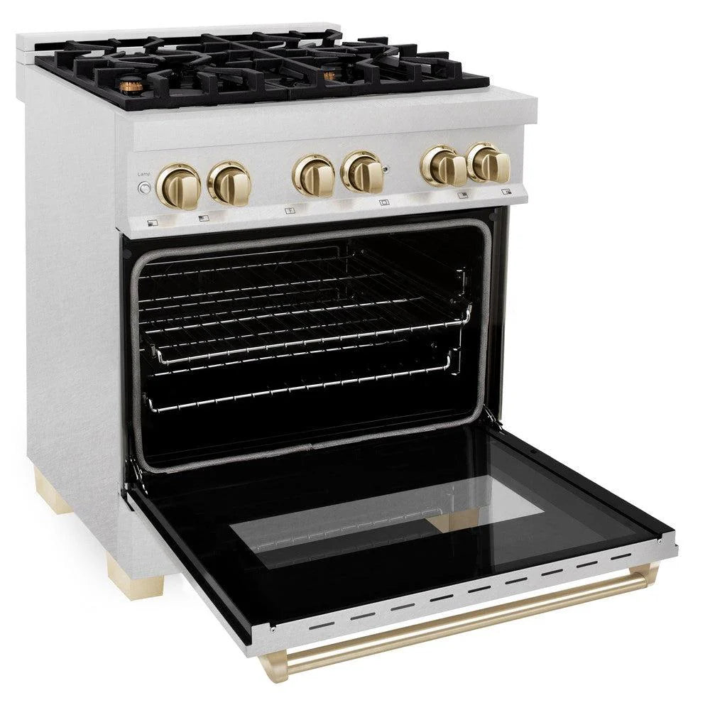 ZLINE - Autograph Edition 30 in. 4.0 cu. ft. Legacy Dual Fuel Range with 4 Burner Gas Cooktop and Electric Convection Oven in Satin Stainless Steel and Polished Gold Accents