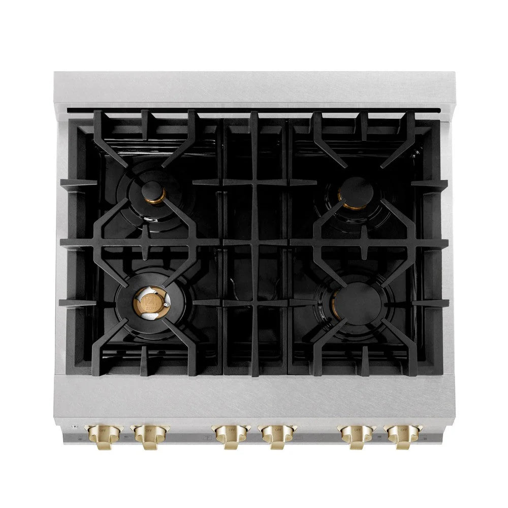 ZLINE - Autograph Edition 30 in. 4.0 cu. ft. Legacy Dual Fuel Range with 4 Burner Gas Cooktop and Electric Convection Oven in Satin Stainless Steel and Polished Gold Accents