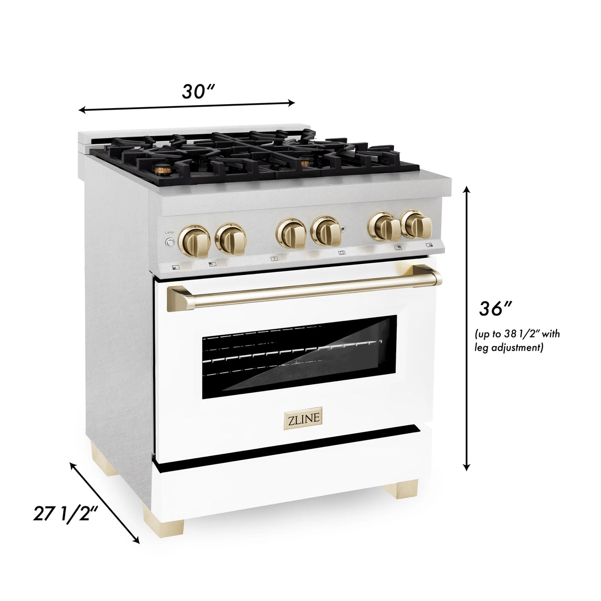 ZLINE - Autograph Edition 30&quot; 4.0 cu. ft. Dual Fuel Range, Gas Stove, Electric Oven in Stainless Steel, White Matte Door, Gold Accents