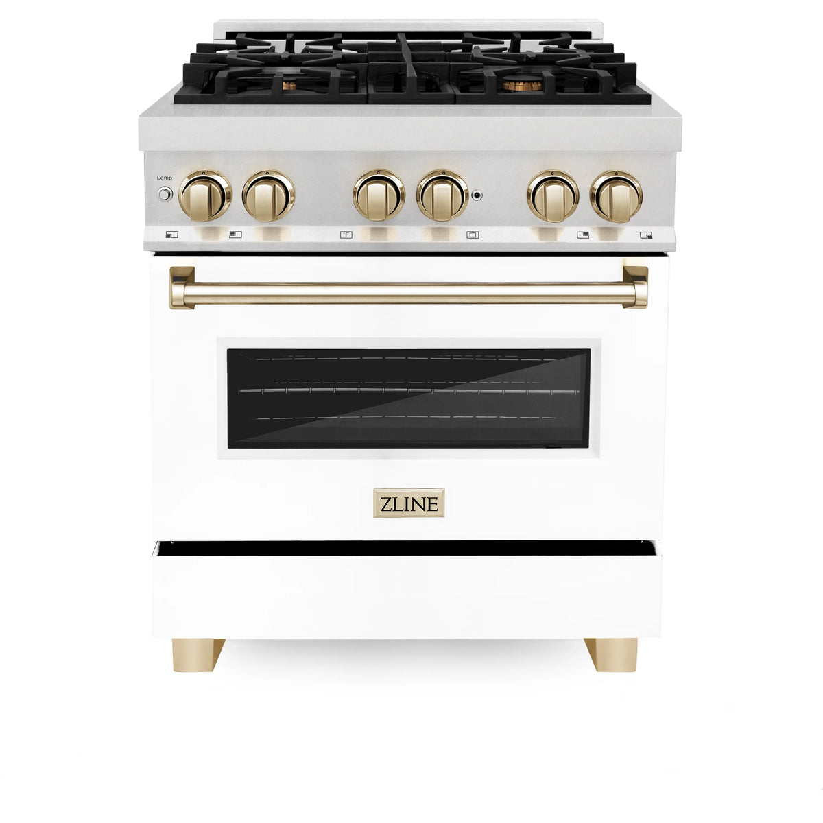 ZLINE - Autograph Edition 30&quot; 4.0 cu. ft. Dual Fuel Range, Gas Stove, Electric Oven in Stainless Steel, White Matte Door, Gold Accents
