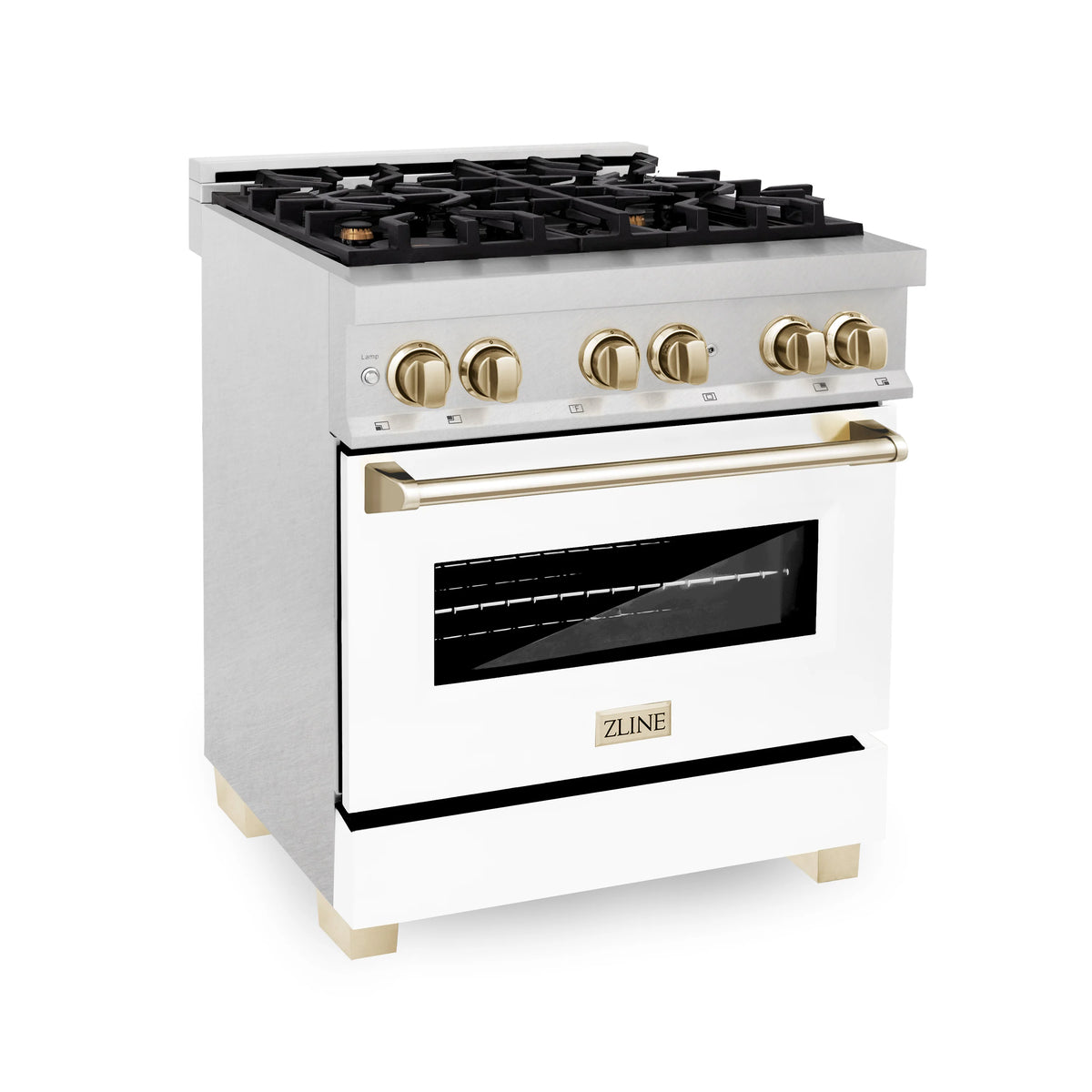 ZLINE - Autograph Edition 30&quot; 4.0 cu. ft. Dual Fuel Range, Gas Stove, Electric Oven in Stainless Steel, White Matte Door, Gold Accents