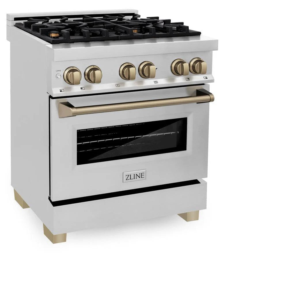 ZLINE - Autograph Edition 30 in. 4.0 cu. ft. Legacy Dual Fuel Range with 4 Burner Gas Cooktop and Electric Convection Oven in Stainless Steel and Champagne Bronze Accents