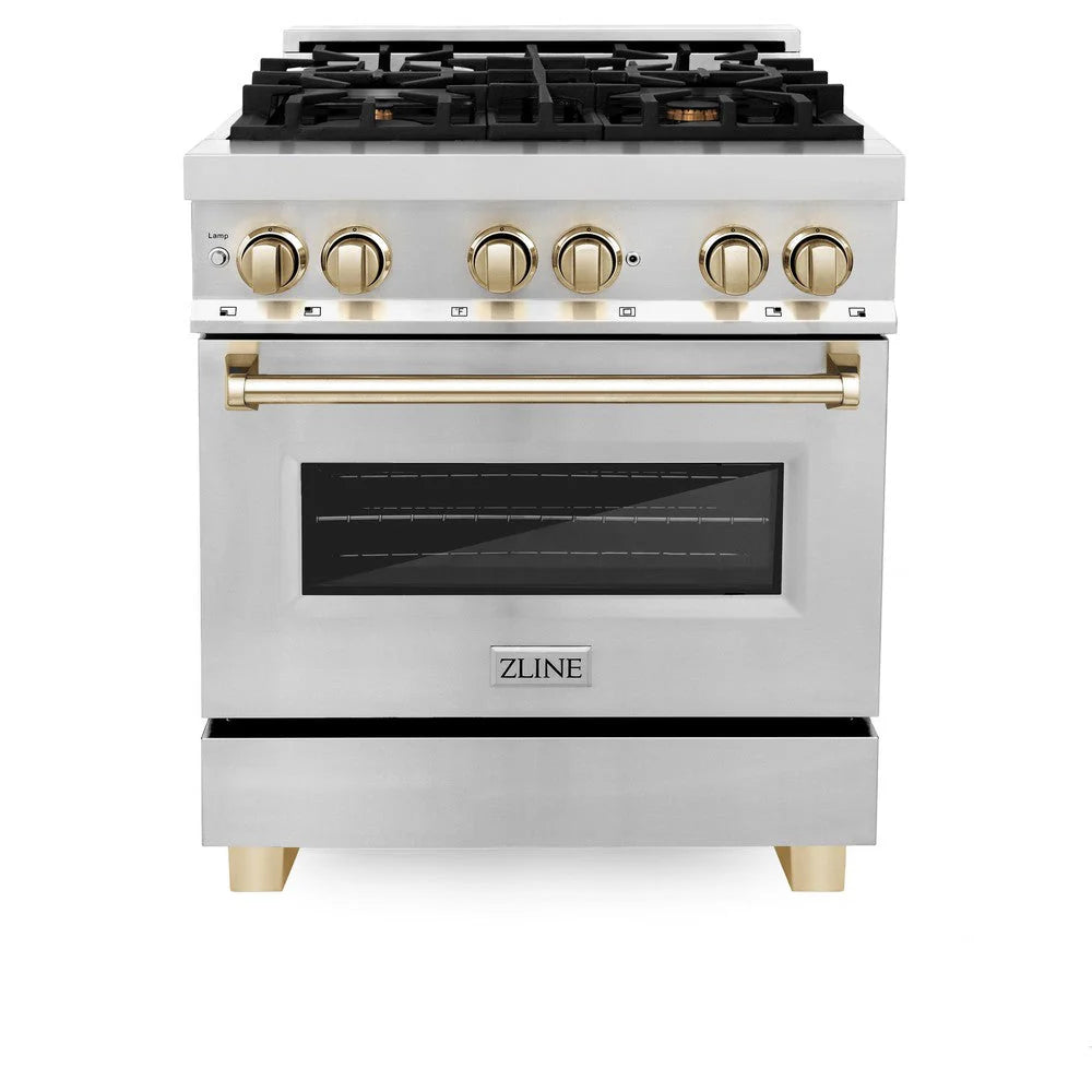 ZLINE - Autograph Edition 30 in. 4.0 cu. ft. Legacy Dual Fuel Range with 4 Burner Gas Cooktop and Electric Convection Oven in Stainless Steel and Polished Gold Accents