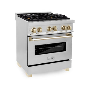ZLINE 30" Autograph Edition Kitchen Package with Stainless Steel Dual Fuel Range, Range Hood, Dishwasher and Refrigeration with Gold Accents