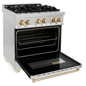 ZLINE 30" Autograph Edition Kitchen Package with Stainless Steel Dual Fuel Range, Range Hood, Dishwasher and Refrigeration with Gold Accents