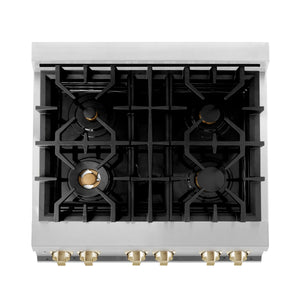 ZLINE 30" Autograph Edition Kitchen Package with Stainless Steel Dual Fuel Range, Range Hood, Dishwasher and Refrigeration with Gold Accents