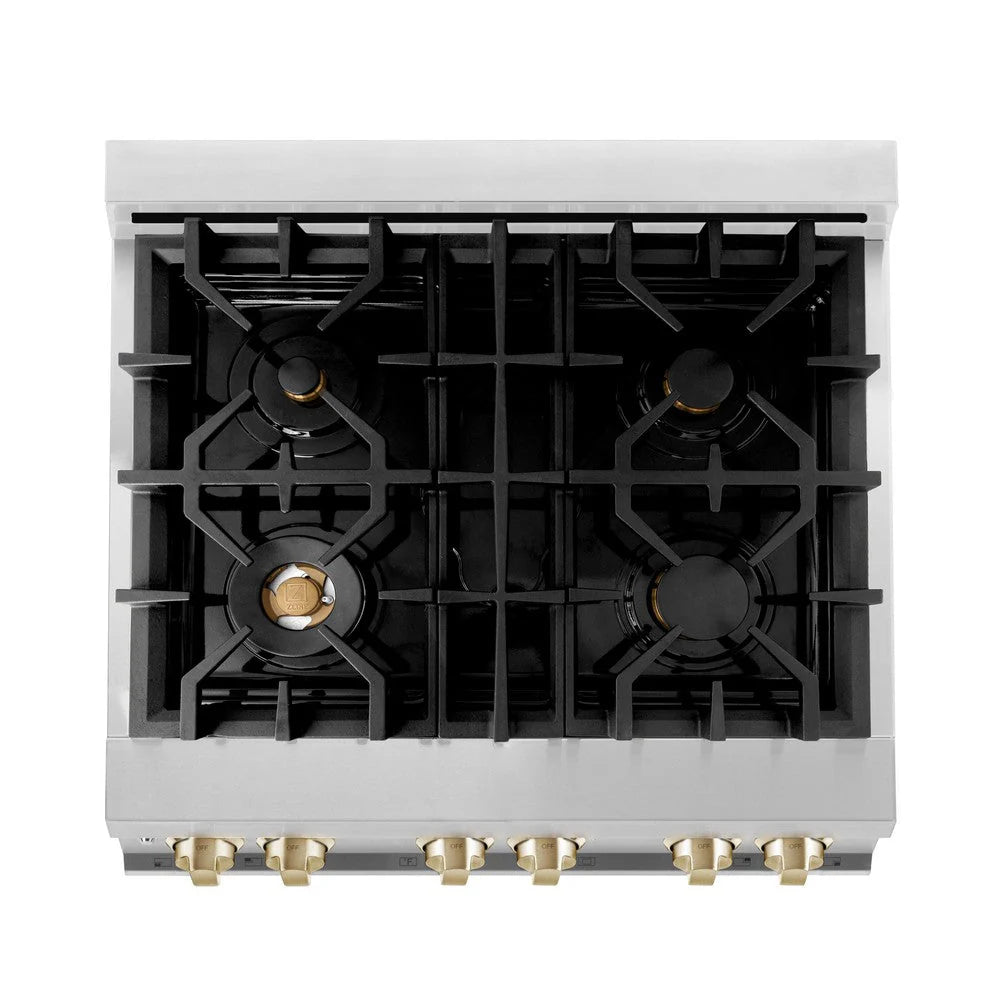 ZLINE - Autograph Edition 30 in. 4.0 cu. ft. Legacy Dual Fuel Range with 4 Burner Gas Cooktop and Electric Convection Oven in Stainless Steel and Polished Gold Accents