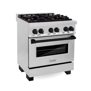 ZLINE - 30" Autograph Edition Kitchen Package with Stainless Steel Dual Fuel Range, Range Hood and Dishwasher with Matte Black Accents