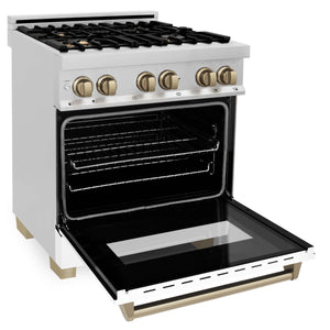 ZLINE - 30 in. Autograph Edition Kitchen Package with Stainless Steel Dual Fuel Range with White Matte Door, Range Hood and Dishwasher with Champagne Bronze Accents