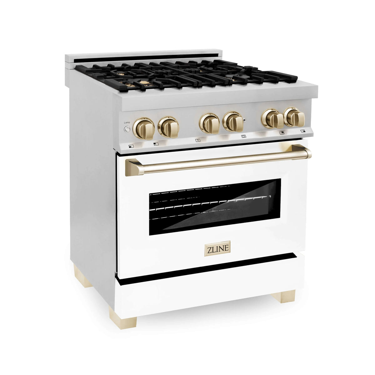 ZLINE - 30&quot; Autograph Edition Kitchen Package with Stainless Steel Dual Fuel Range with White Matte Door and Range Hood with Gold Accents
