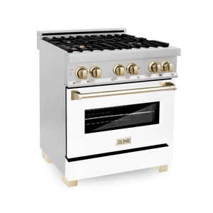 ZLINE - 30" Autograph Edition Kitchen Package with Stainless Steel Dual Fuel Range with White Matte Door and Range Hood with Gold Accents