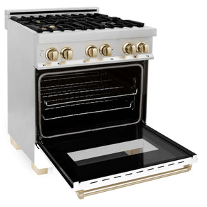 ZLINE - 30" Autograph Edition Kitchen Package with Stainless Steel Dual Fuel Range with White Matte Door and Range Hood with Gold Accents