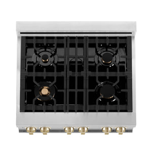 ZLINE - 30" Autograph Edition Kitchen Package with Stainless Steel Dual Fuel Range with White Matte Door and Range Hood with Gold Accents