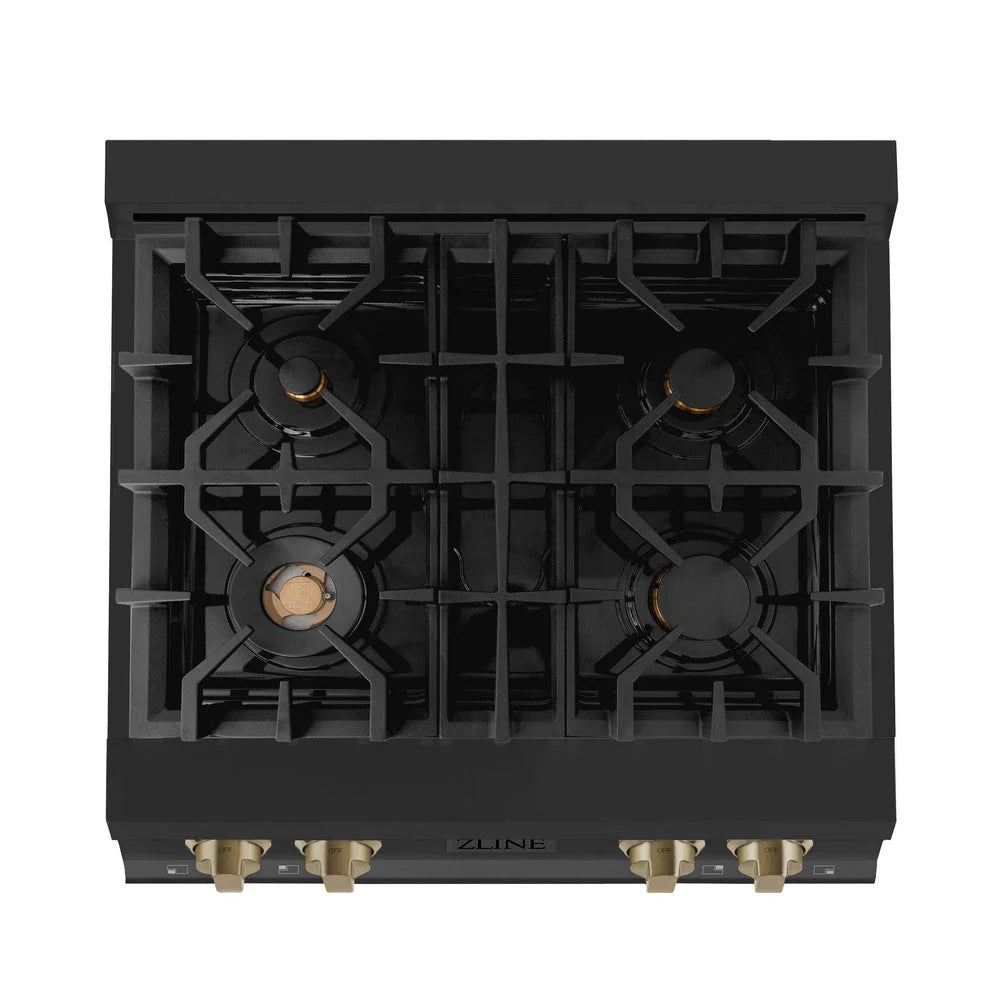 ZLINE - Autograph Edition 30 in. Legacy Gas Rangetop with 4 Burners and Porcelain Cooktop in Black Stainless Steel with Champagne Bronze Accents (RTBZ-30-CB)