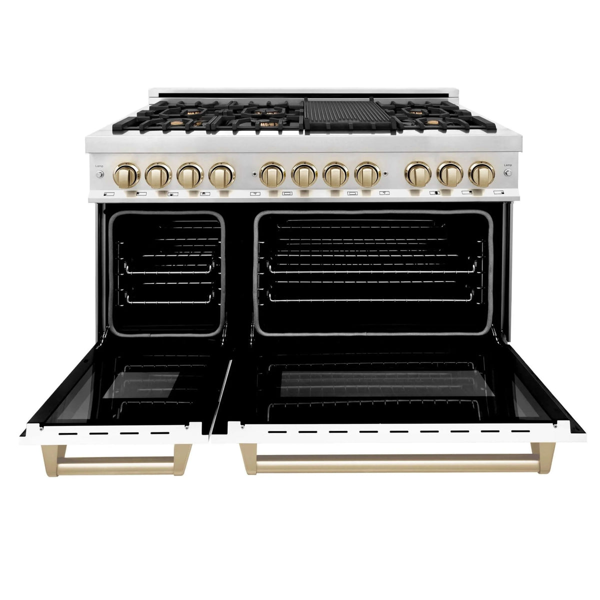 ZLINE - Autograph Edition 48 in. 6.0 cu. ft. Legacy Dual Fuel Range with 7 Burner Gas Cooktop and 2 Electric Ovens in Stainless Steel with White Matte Doors and Polished Gold Accents