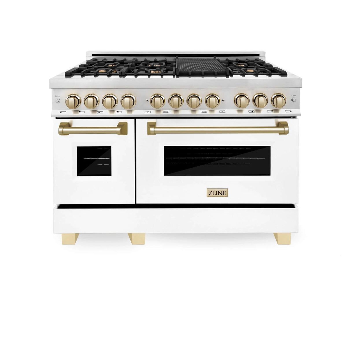 ZLINE - Autograph Edition 48 in. 6.0 cu. ft. Legacy Dual Fuel Range with 7 Burner Gas Cooktop and 2 Electric Ovens in Stainless Steel with White Matte Doors and Polished Gold Accents