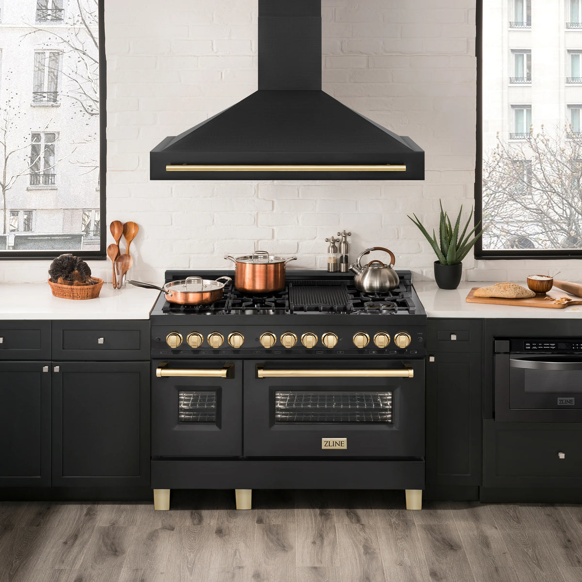 ZLINE - 36&quot; Autograph Edition Kitchen Package with Black Stainless Steel Dual Fuel Range, Range Hood and Dishwasher with Gold Accents