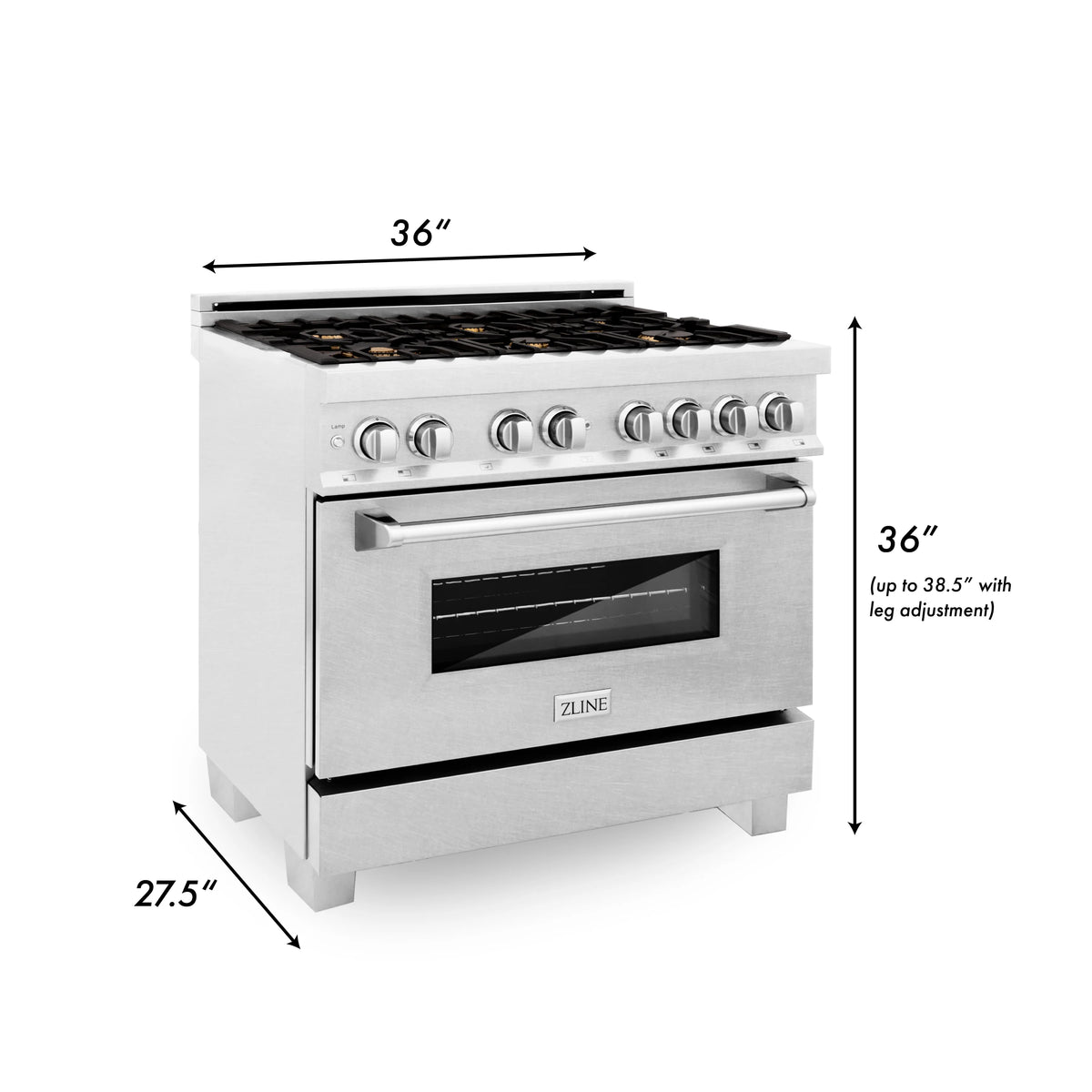 ZLINE - 36&quot; 4.6 cu. ft. Dual Fuel Range with Gas Stove and Electric Oven in Fingerprint Resistant Stainless Steel and Brass Burners (RAS-SN-BR-36)