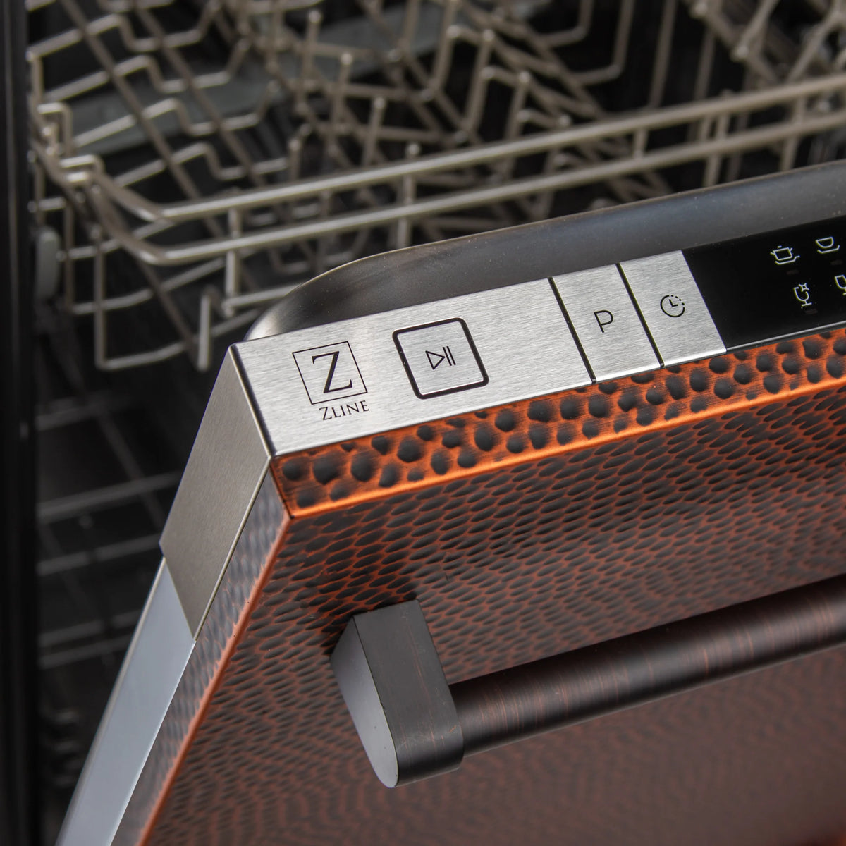 ZLINE 18 in. Compact Hand-Hammered Copper Top Control Dishwasher with Stainless Steel Tub and Traditional Style Handle, 52dBa