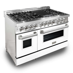 ZLINE 48" 6.0 cu. ft. Electric Oven and Gas Cooktop Dual Fuel Range with Griddle and White Matte Door in Stainless Steel (RA-WM-GR-48)