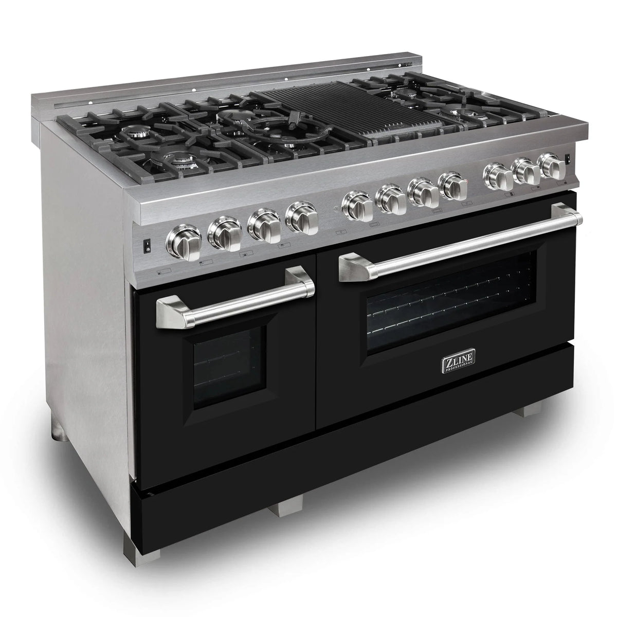 ZLINE - 48 in. 6.0 cu. ft. Legacy Dual Fuel Range with 7 Burner Gas Cooktop and 2 Electric Ovens in Satin Stainless Steel and Black Matte Doors (RAS-BLM-48)