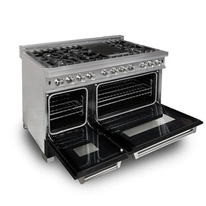 ZLINE - 48 in. 6.0 cu. ft. Legacy Dual Fuel Range with 7 Burner Gas Cooktop and 2 Electric Ovens in Satin Stainless Steel and Black Matte Doors (RAS-BLM-48)