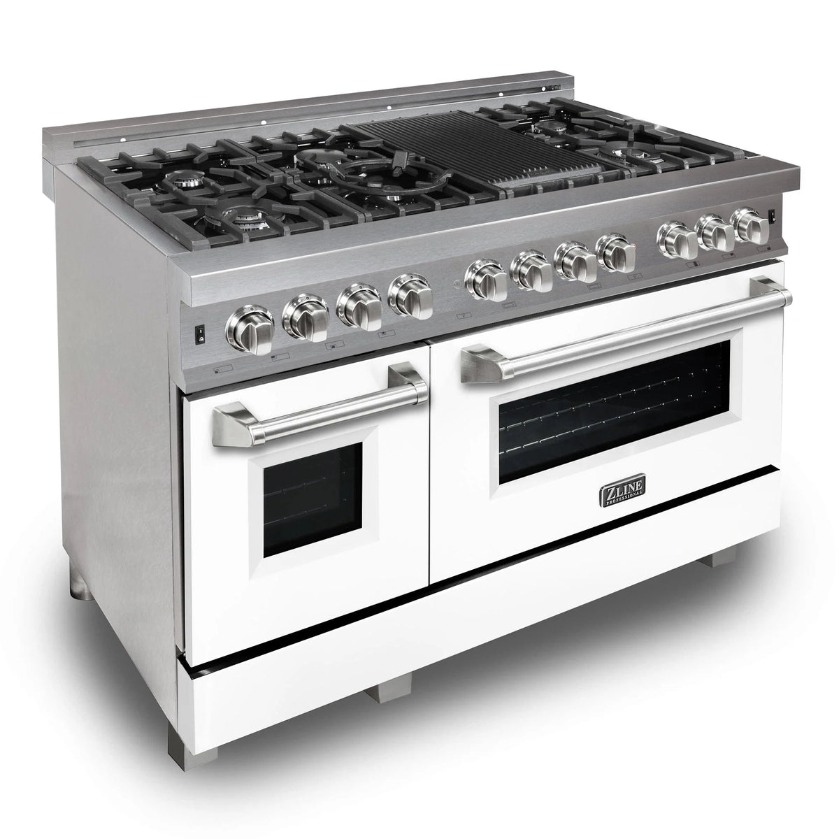ZLINE - 48 in. Kitchen Package with Satin Stainless Steel Dual Fuel Range with White Matte Door and Convertible Vent Range Hood