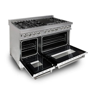 ZLINE - 48 in. Kitchen Package with Satin Stainless Steel Dual Fuel Range with White Matte Door and Convertible Vent Range Hood