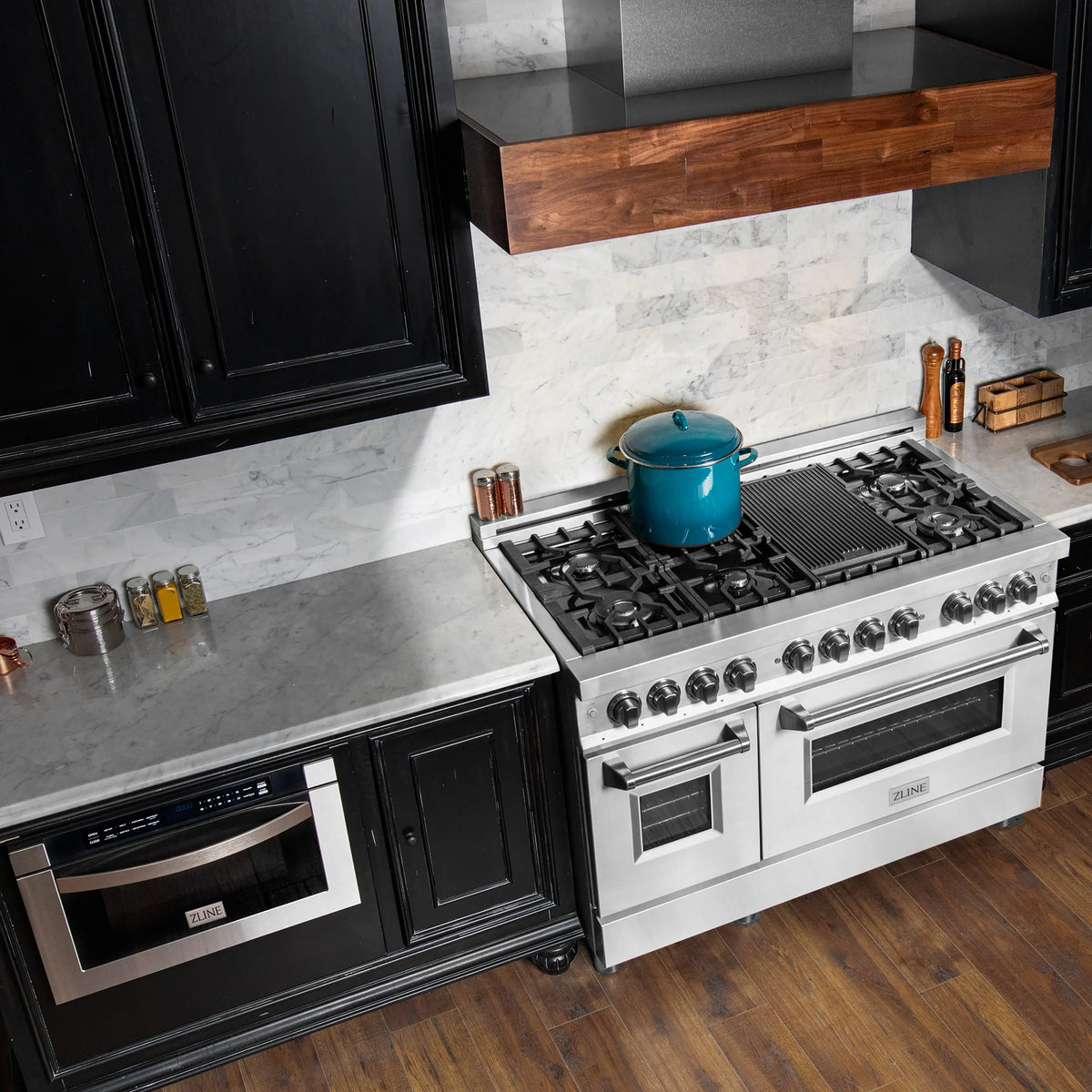 ZLINE - Kitchen Package with Refrigeration, 60&quot; Stainless Steel Dual Fuel Range, 60&quot; Range Hood, Microwave Drawer, and 24&quot; Tall Tub Dishwasher