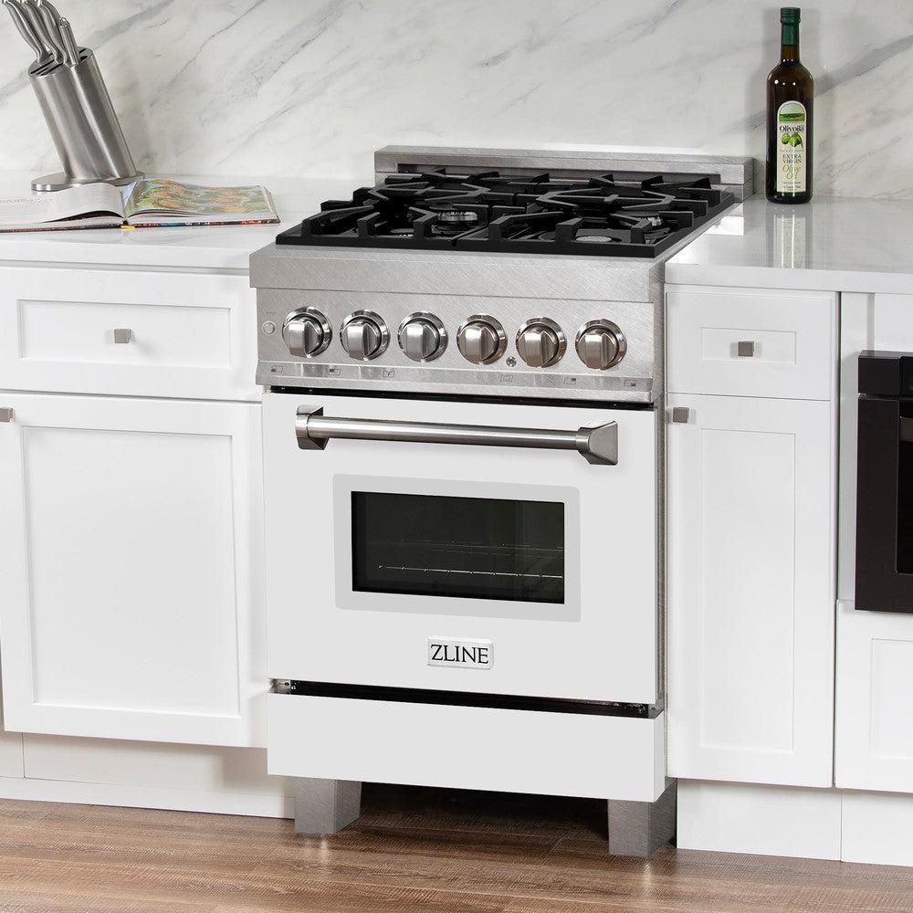 ZLINE - 24 in. 2.8 cu. ft. Legacy Dual Fuel Range with 4 Burner Gas Cooktop and Electric Convection Oven in Satin Stainless Steel and White Matte Door