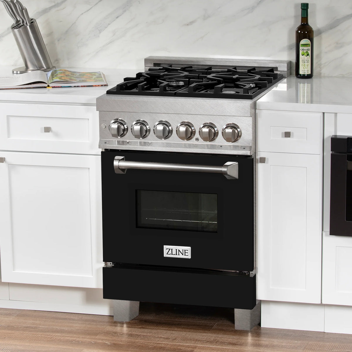 ZLINE - 24&quot; 2.8 cu. ft. Dual Fuel Range with Gas Stove and Electric Oven in Fingerprint Resistant Stainless Steel and Black Matte Door (RAS-BLM-24)