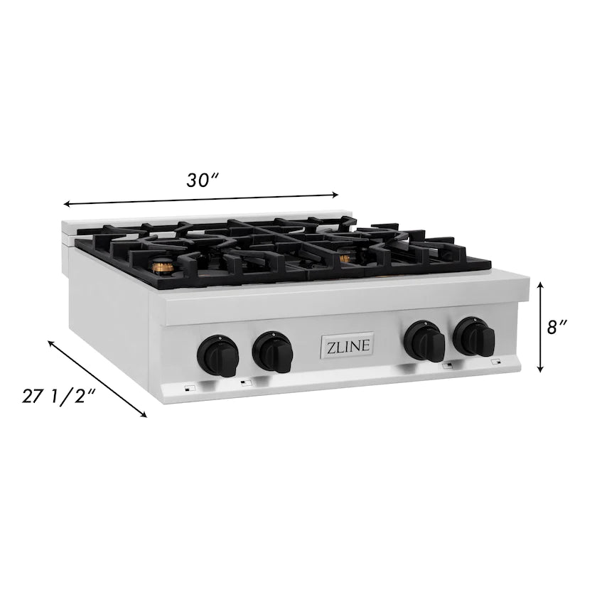 ZLINE - Autograph Edition 30&quot; Porcelain Rangetop with 4 Gas Burners in Stainless Steel and Matte Black Accents (RTZ-30-MB)