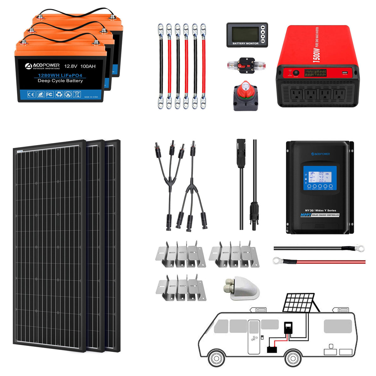 ACOPOWER - Lithium Battery Mono Solar Power Complete System with Battery and Inverter for RV Boat 12V Off Grid Kit