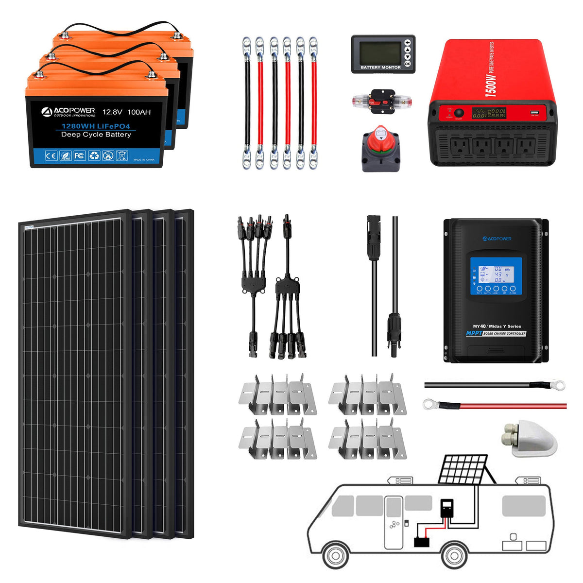 ACOPOWER - Lithium Battery Mono Solar Power Complete System with Battery and Inverter for RV Boat 12V Off Grid Kit