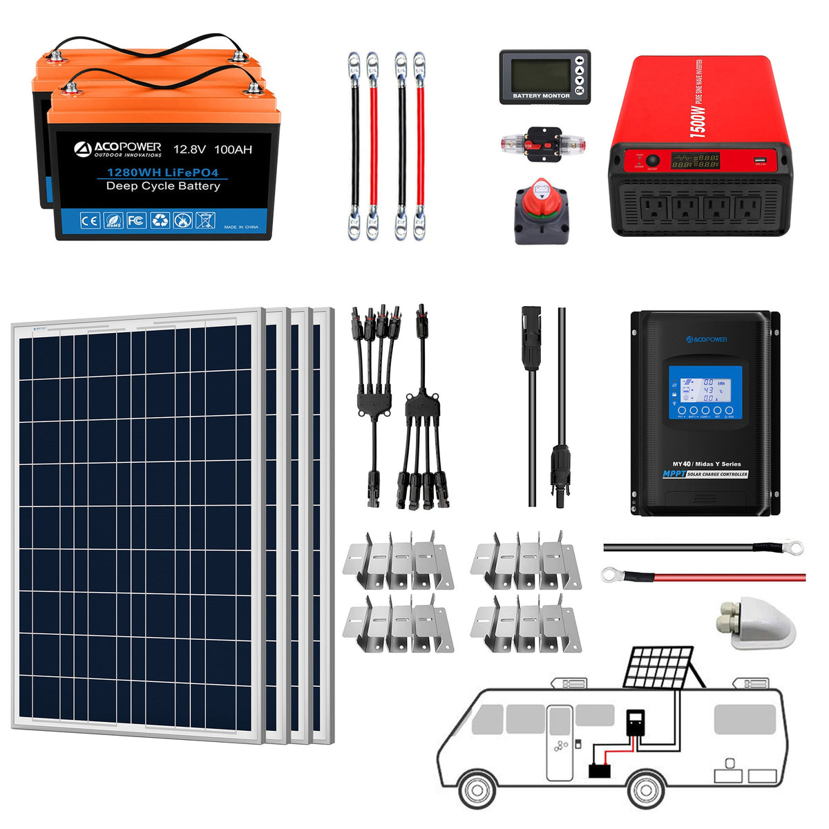 ACOPOWER - Lithium Battery Poly Solar Power Complete System with Battery and Inverter for RV Boat 12V Off Grid Kit